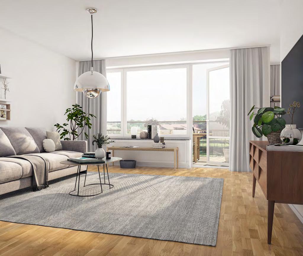 Lägenheterna Ekparkett i rum, kakel och klinker i badrummet Tvättmaskin och torktumlare Induktionshäll, inbyggnadsugn, diskmaskin och micro Köks- och badrumsinredning från Vedum Energisparande
