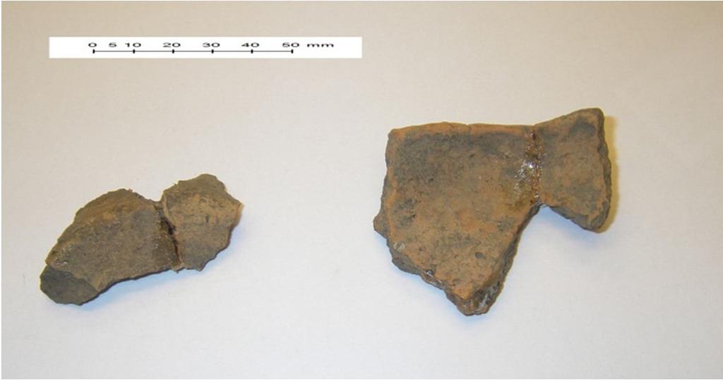 Fragment (till vänster botten, till höger mynning) av bikärl (F9) påträffat i brandlagret A155. Skala 1:2. Foto: Robin Lucas, Upplandsmuseet.