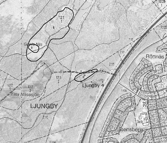 Figur 2. Gravfältet Ljungby 4 ligger Ö om E4, strax utanför tätorten. Underlag: terrängkartan Lantmäteriverket, Gävle.