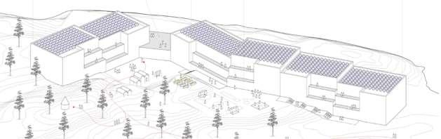 Huset är uppbrutet i sju olika delar och anpassas efter terräng och topografi. Delarna produceras i fabrik och monteras på plats vilket ger en kortare byggtid.