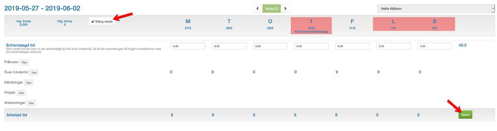 Så här använder du personalmodulen: Schemalagd tid: här skriver du in din schemalagda tid. Jobbar du heltid måndag till fredag så fyller du i 8h/dag måndag till fredag.