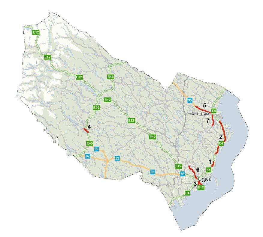 Kartbild 5. Vägsträckor i Norrbottens län som föreslås anpassas till vägens säkerhetsstandard genom att få sänkt hastighetsgräns till 80 km/tim under år 2019. Kartbild 6.