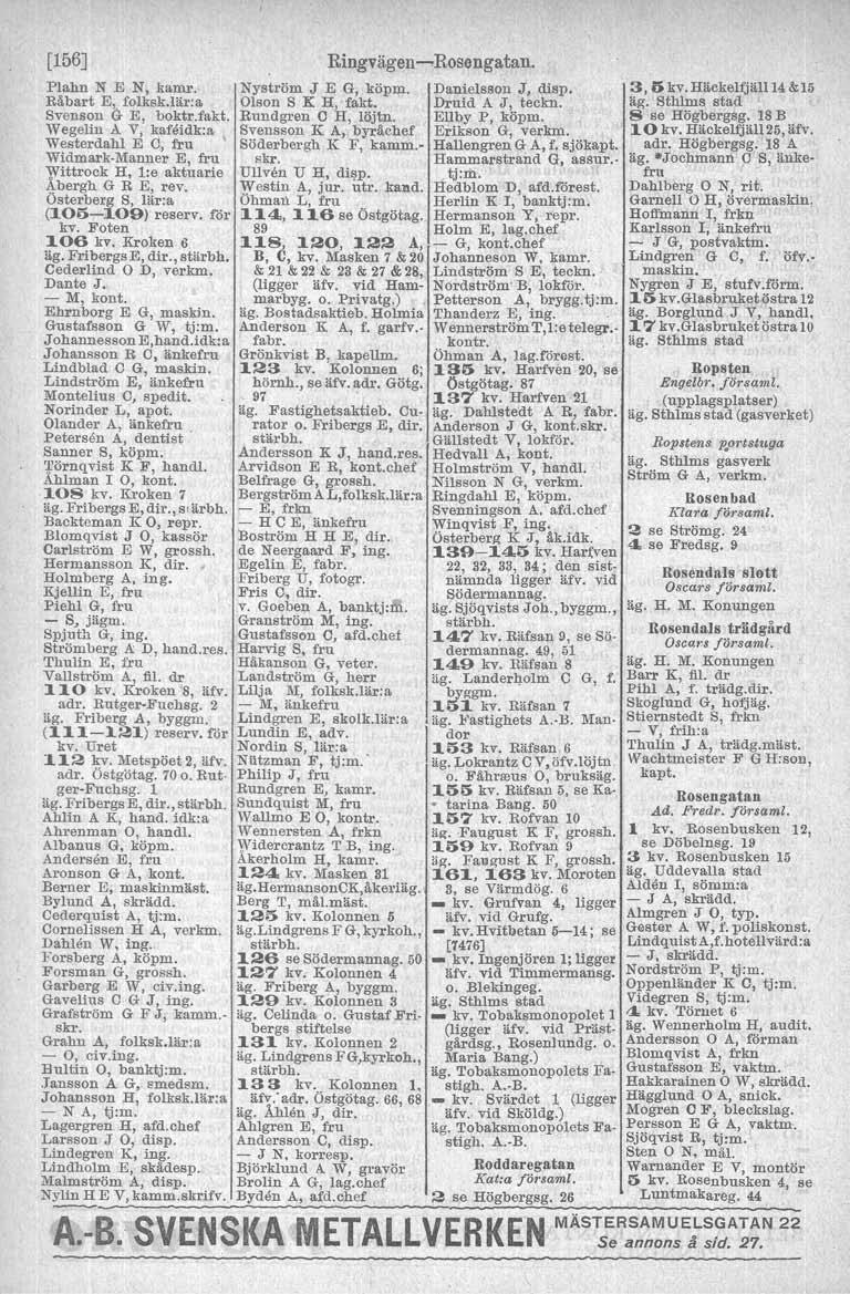 [156J Plahn N E N, kamr. Råbart E, folksk.lär:a Svenson G E, boktr.fakt. Wegelin A V, kafeidk:a Westerdahl E O, fru \ Widmark Manner E, fru Wittrock H, l:e aktuarie Å.bergh G R E, rev.