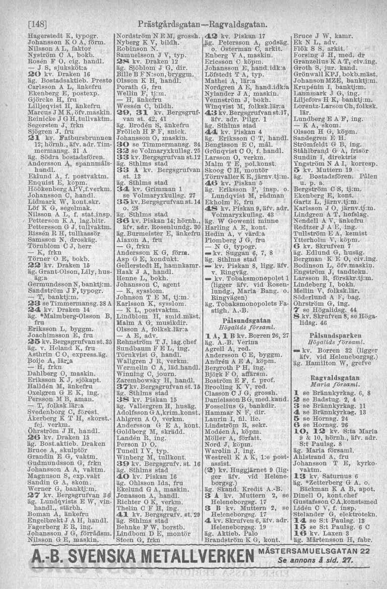 [148] Hagerstedt K, typogr. Johansson K O A"förm. Nilsson A L, faktor Nyström C A, bokb. Rosen F O, cig. handl. - :J s, sjuksköt:a 20 kv. Draken 16 äg. Bostadsaktieb.