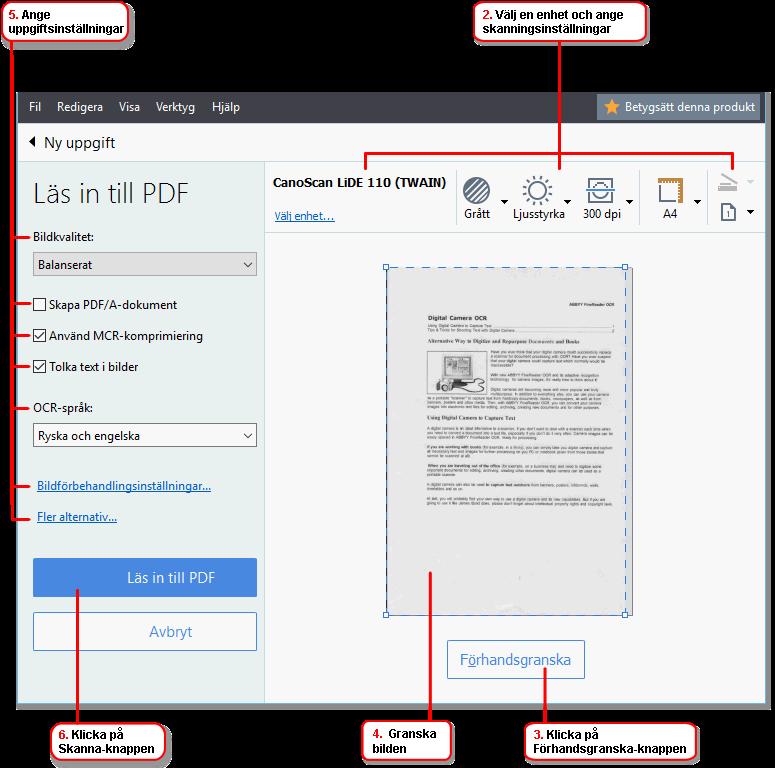 Skanna till andra format skapar dokument i populära format, som t.ex. *.odt, *.pptx, *.epub och *.html, från bilder som kommer från skanner eller digitalkamera. 2.