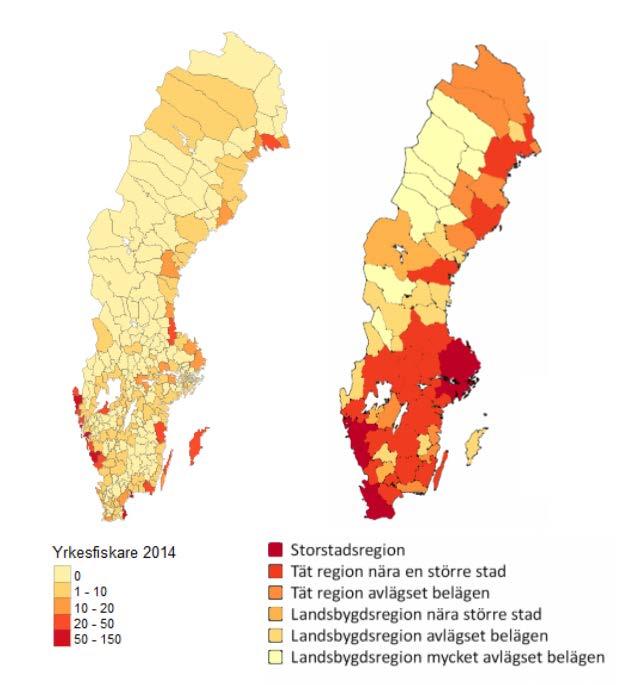 Figur 4.1. Antalet yrkesfiskelicenser per kommun år 2014 Källa: Kartan är baserad på data från Hav och vattenmyndigheten och SCB Figur 4.