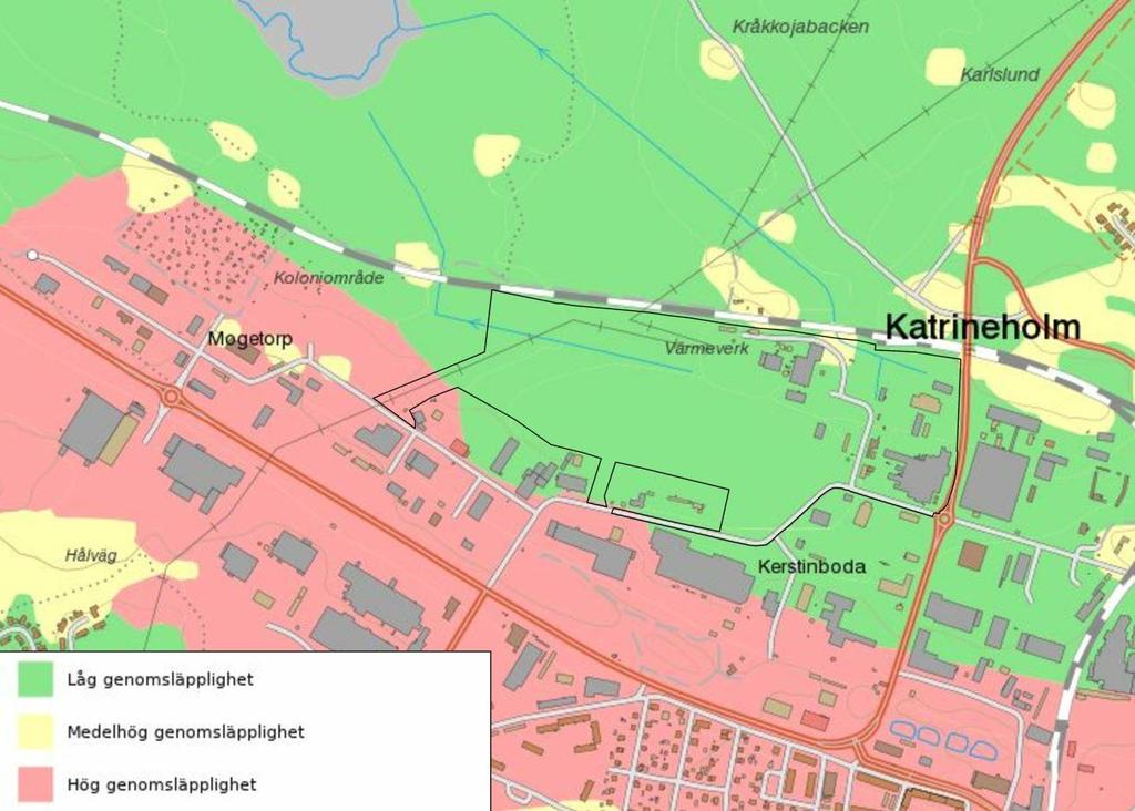 Figur 3.3 Karta över genomsläpplighet. Planområdet markerat med svart linje (SGU, 2019). ÅF-Infrastructure AB har utfört en översiktlig geoteknisk utredning för en del av planområdet, se Figur 3.