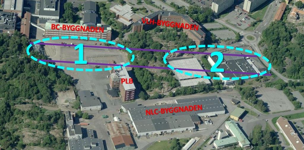 Figur 3. Område för tunnelservitut mellan lila linjer. Områden där utredning gjorts gällande detaljplanens genomförbarhet markerade med turkos oval och nummer 1 respektive nummer 2.