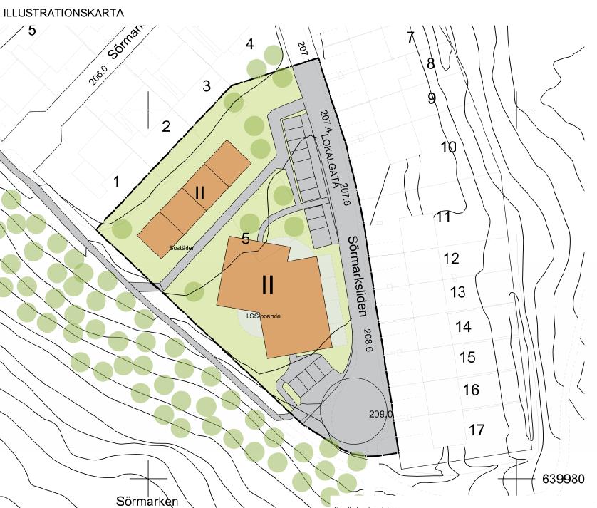 DETALJPLAN FÖR SÖRMARKEN, BANKBUDET 5, BORÅS STAD 9 3 Planförslag Borås Stad planerar att detaljplanelägga fastigheten Bankbudet 5 för att möjliggöra för byggnation av ett LSS-boende och fyra radhus.