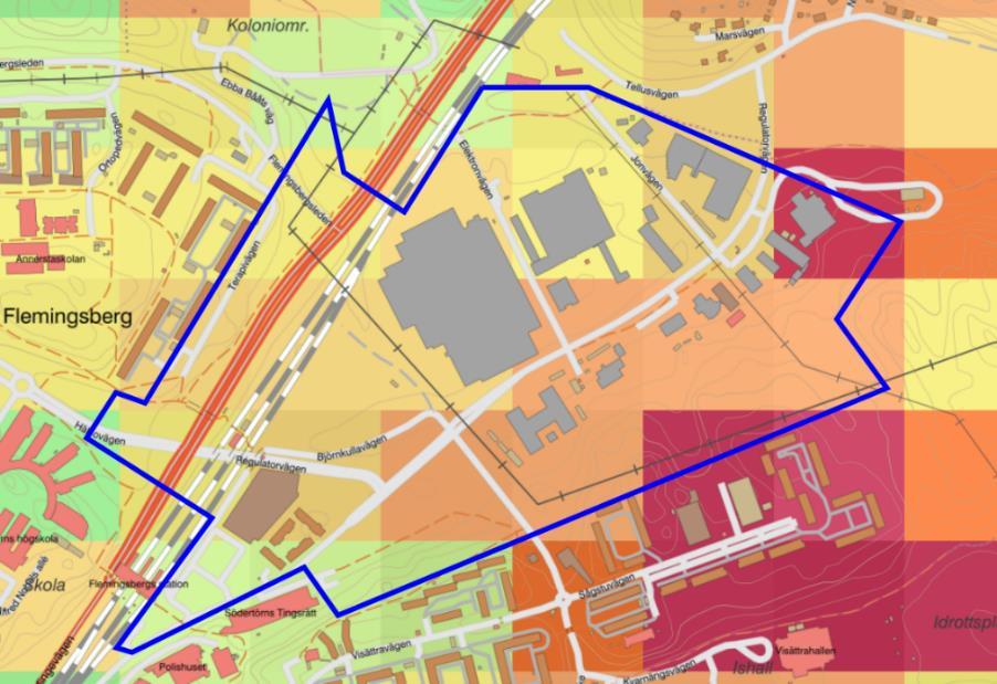 Figur 4: Gammastrålning från uran. Planområdet ungefärligt markerat med blått.