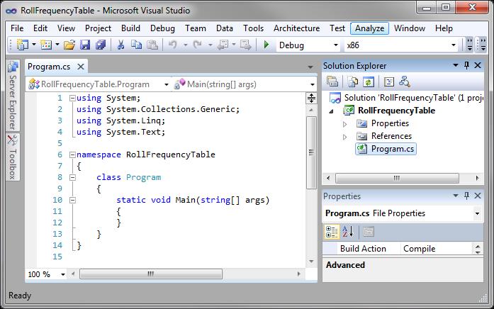 4. Visual Studio skapar ett nytt konsolprojekt som placerats i en egen solution med samma namn som projektet. Det nya projektet innehåller bland annat filen Program.cs.