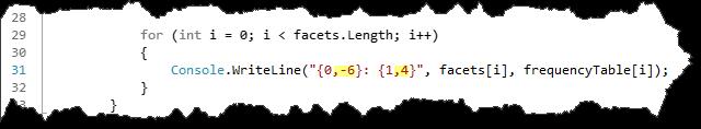 1 a) Lägg till en sats som skapar referensvariabeln facets, av typen string[], och initiera den med en array innehållande de sex strängar som var och en beskriver tärningens sidor (satsen på rad 14 i