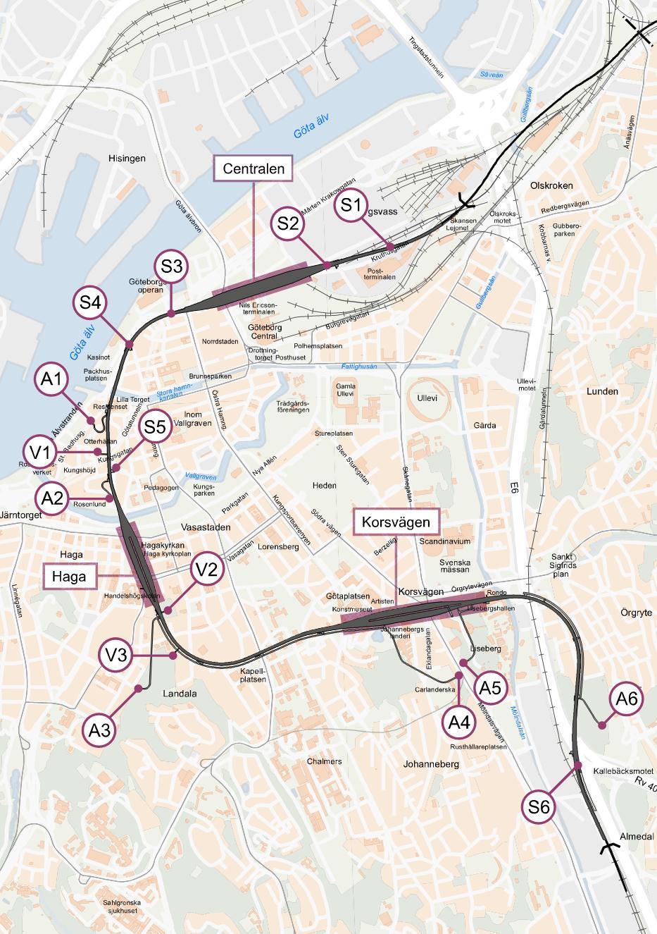 Bilaga. Karta med lokalisering av schakt ovan mark Serviceschakt benämns med S, ventilationsschakt med V och arbetstunnlar med A.