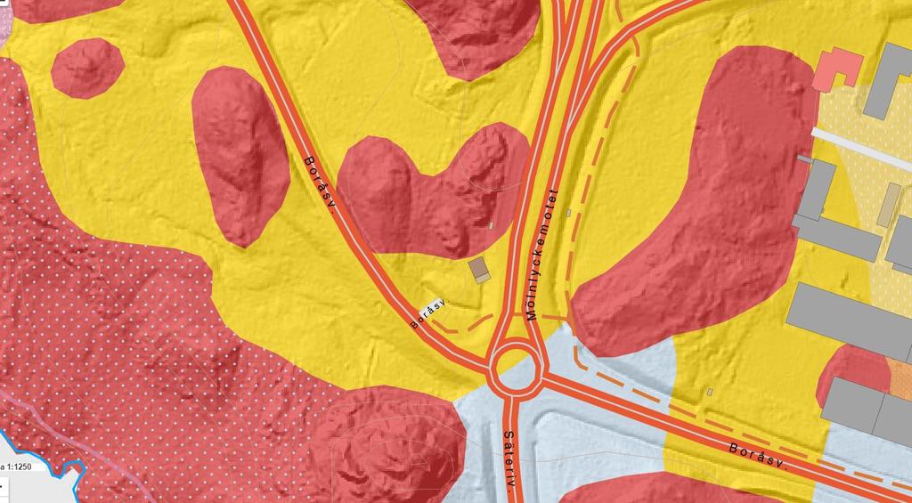 Miljöteknisk undersökning Mölnlyckemotet, Råda 1:1 m fl Sida 5 av 9 1318-145 2018-08-28 Rev: 2019-01-23 3 Geologiska förhållanden Området karaktäriseras av berg i dagen (rött), lera (gult) och morän