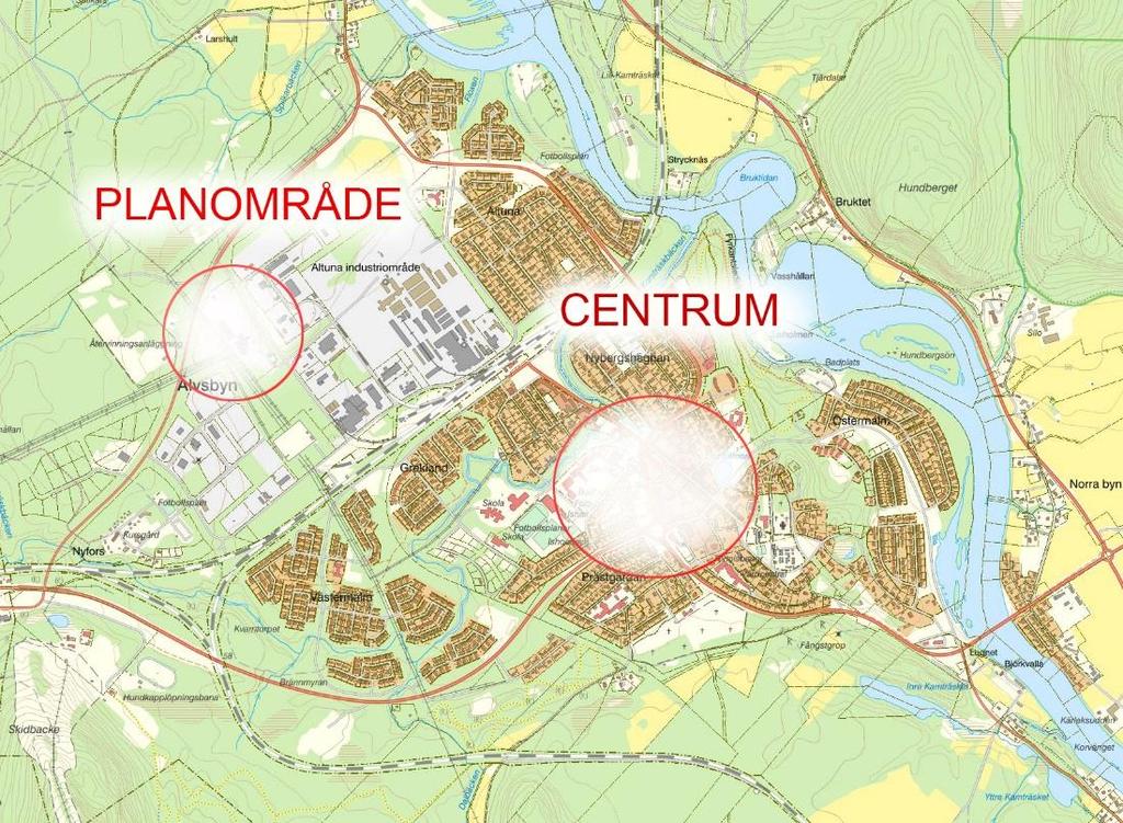 MARKÄGOFÖRHÅLLANDEN Fig.1 Planområdet och dess relation till Älvsbyns centrum. Inom planområdet finns två fastigheter vilka ägs kommunalt eller av kommunala bolag. Älvsbyn 24:1 ägs av Älvsbyns kommun.