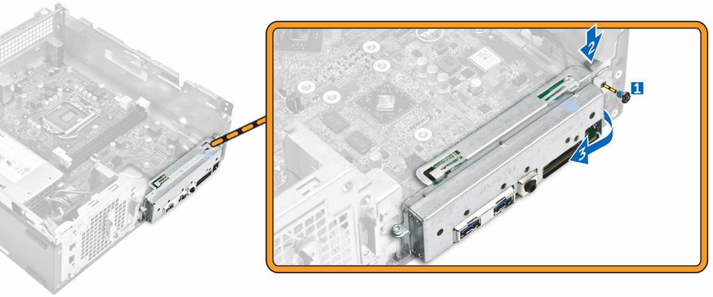 c. Dra I/O-panelen för att frigöra I/O-panelen. 5. Följ stegen för att ta bort moderkortet: a.
