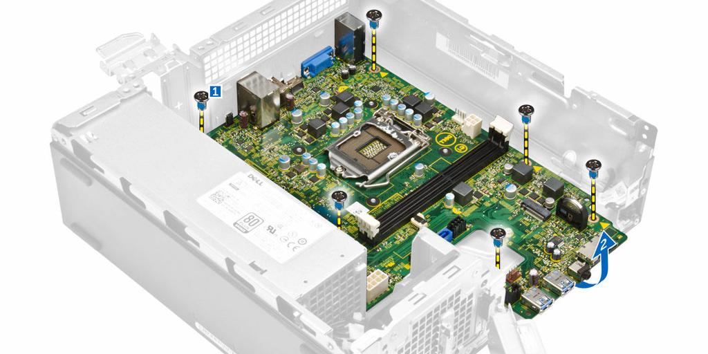 Installera moderkortet 1. Sätt i moderkortet och kontrollera att portarna är inriktade med hålen på bakpanelen. 2. Tryck in I/O-panelen till dess ursprungliga plats tills den snäpps fast. 3.