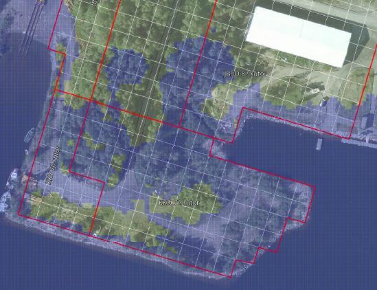Figur 4.2. Nivån för högsta högvatten, + 1,54 i höjsystem RH2000, är färgad blå för landområden. Det är svårt att beskriva alla delar av förloppen vid en utan att ha anlitat utförande entreprenör.