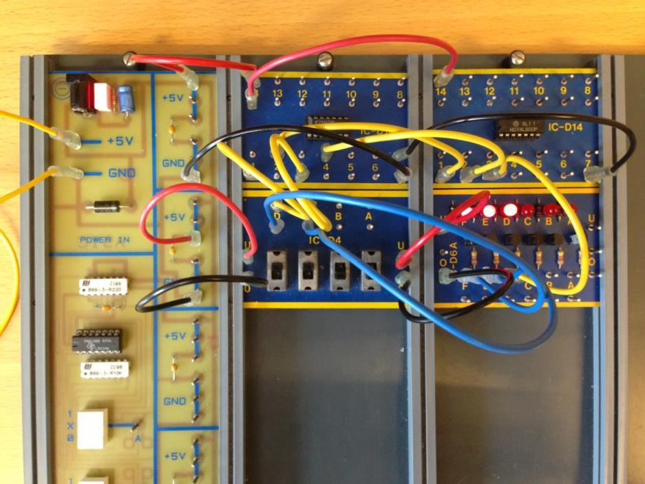 Fysisk uppkoppling och färgkonventioner Uppkoppling av OR-funktionen. I bilden: Insignal 11 ger utsignal 1. I ringen: Logikprob för felsökning.