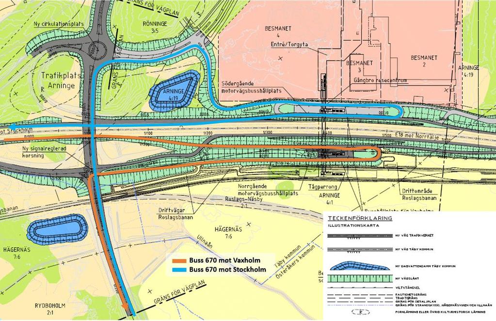 13(31) Utifrån Trafikverkets vägplan för trafikplats Arninge och Arninge resecentrum bedöms bussens restid förlängas med 2 minuter i riktning mot Stockholm och 1 minut i riktning mot Vaxholm