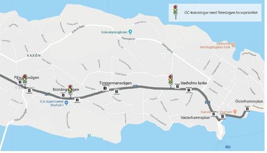 19(31) 3.4 Signalprioritet vid övergångsställen på Vaxön För att minska antalet stopp i Vaxholms tätort föreslås bussprioritering i de tre signalreglerade gång- och cykelpassagerna.