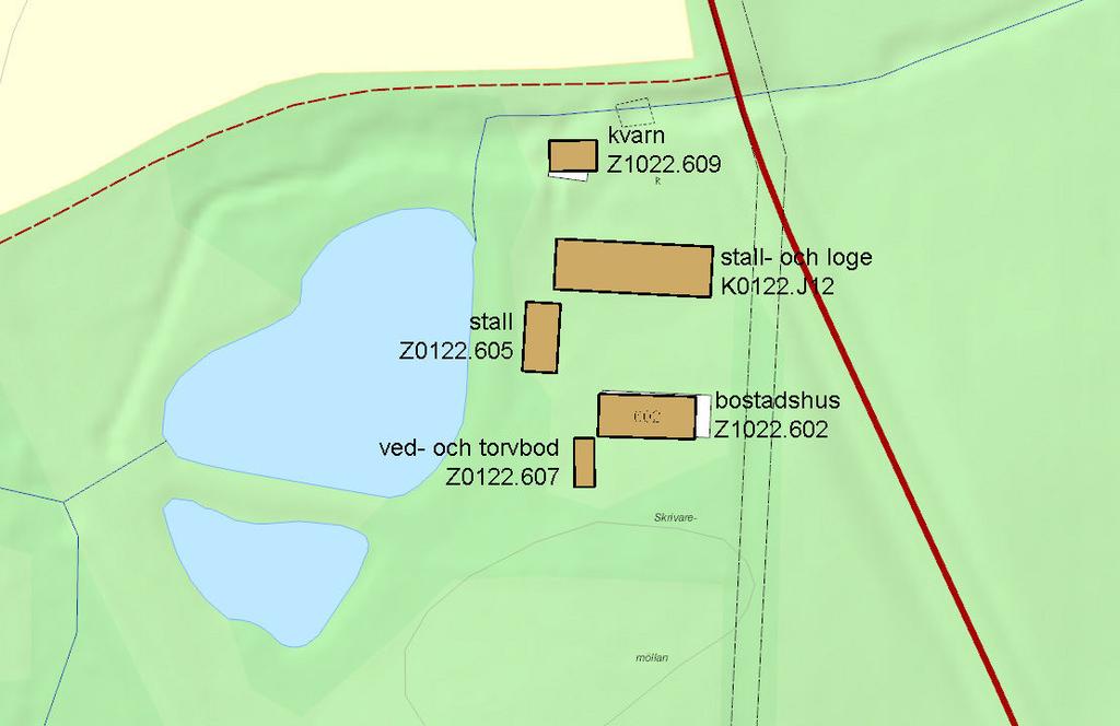 Stall- och logbyggnad K0122.J12, bottenplan. Skala ca 1:200 i A3-format.