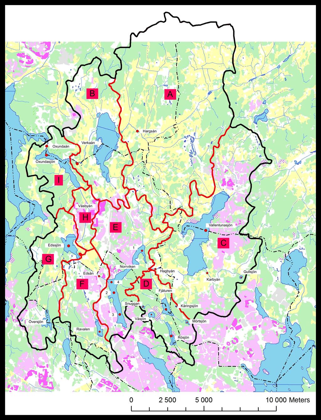 åns avrinningsområde med delavrinningsområden Område Area (km²) A. Hargsån 87,1 B. Fysingen-Verkaån 29,5 C.
