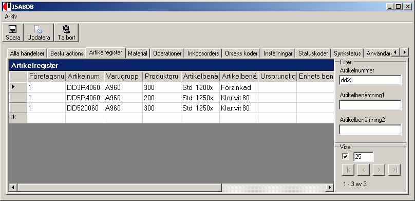 Figur D.0.19: Filter Genom att skriva in ett filter kommer endast de poster som matchar filtret att hämtas från databasen, se exempel ovan. D.7.