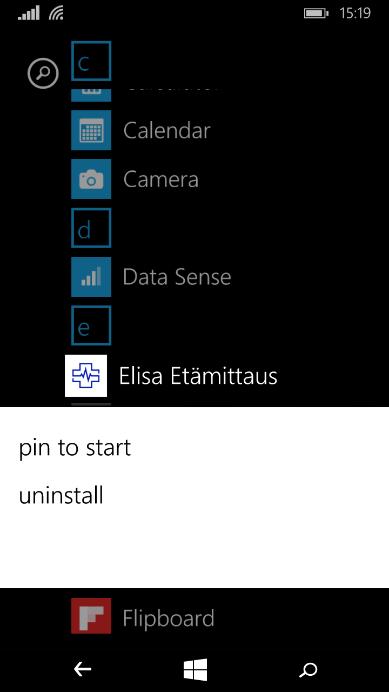 Elisa Oyj 10/15 Du kan nu hitta Elisa Etämittaus-appen i telefonens appmeny. Om du också vill fästa den på startsidan, gå till appmenyn, tryck och håll ned appen och tryck sedan på fäst på start.