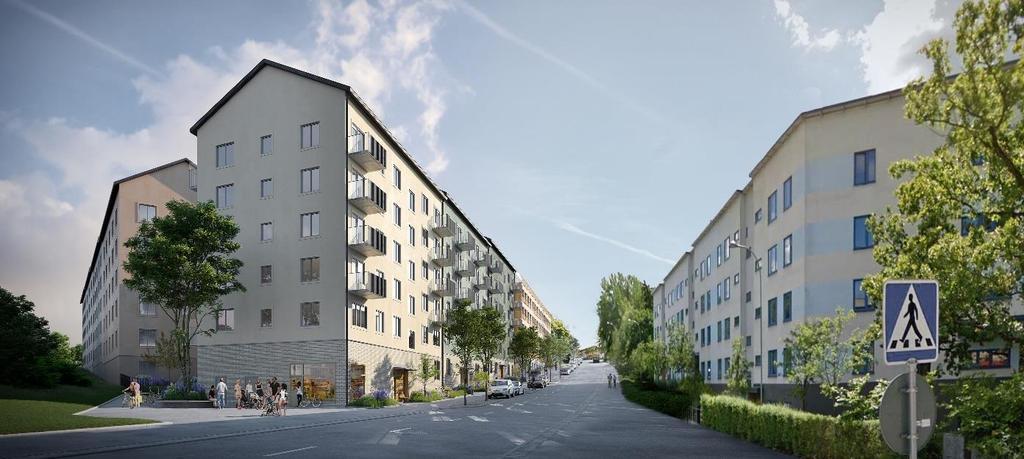 Lägenheterna i bottenplan planeras 2,5 meter i takhöjd. Förgårdsmarken mot gata blir 2 meter bred. Perspektiv från korsningen Rågsvedsgatan och Bjursätragatan, utmed Bjursätragatan.
