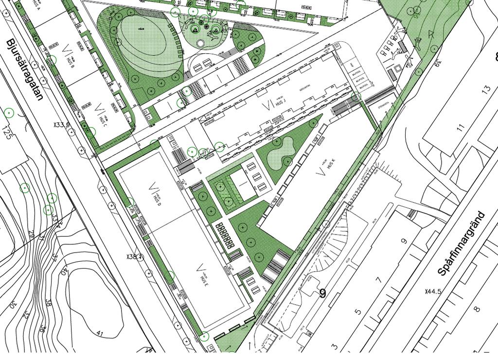 Sida 19 (51) Sektion genom bostadsgården kvarter 1. Husens tänkta placering bildar en privat och tyst bostadsgård (bild Nyréns). Kvarter 2 Bostäder I kvarter 2 planeras för totalt 215 lägenheter.