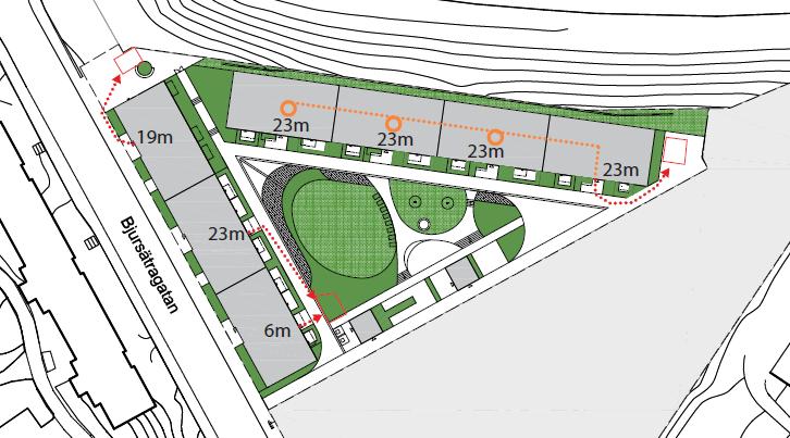 Sida 26 (51) Tre tillgängliga markparkeringar (enligt röda pilar) för rörelsehindrade finns lokaliserat på bostadsgården respektive torgplatsen i norr och kan iordningställas om behov uppstår (bild