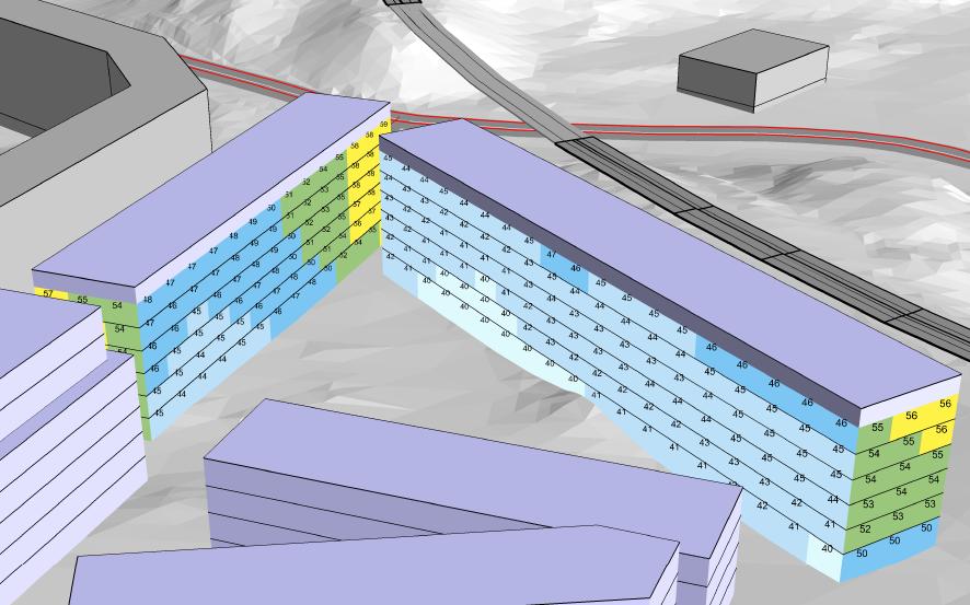 På så vi klaras förordningens krav kring gemensam tyst uteplats (Tyréns 2019). Tunnelbanespåret går i en kurva förbi planområdet vilket innebär att det finns risk för kurvskrik inom kvarter 1.