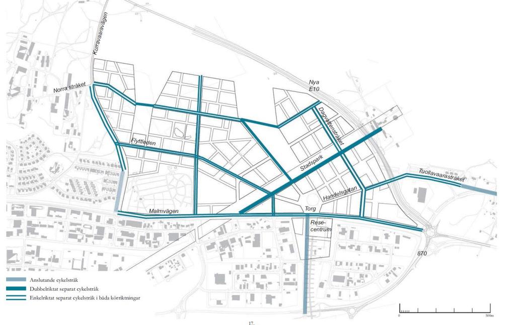 Cykelvägar Inom planområdet kommer det att finnas olika typer av cykelvägar: enkelriktade cykelbanor på båda sidor körbanan, dubbelriktad cykelbana på ena sidan om körbanan och cykel i blandtrafik.