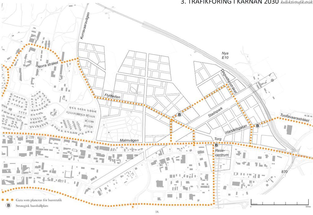 Illustration som visar planerade stråk för busstrafik. Planområdet är utmarkerat i rött.