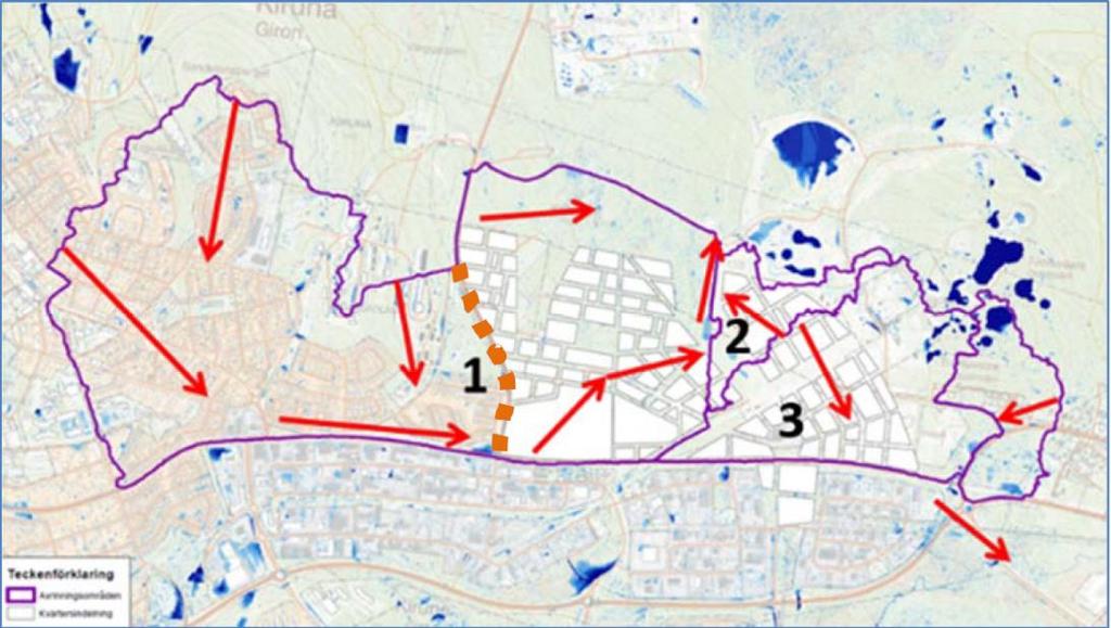 Dagvatten Inom detaljplaneområdet finns två av tre huvudsakliga avrinningsområden (nr 2 och 3 i kartan nedan) som identifierats i Nya Kiruna centrum.