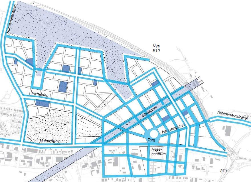 stadsdelsövergripande stråken, som exempelvis Flyttleden, snöröjs både körbana och trottoarer. Plats för snöupplag under kortare tid finns mellan körbana och trottoar.