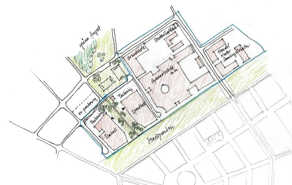 Illustration på hur planområdet kan bebyggas, planområdet markerat med blå linje.