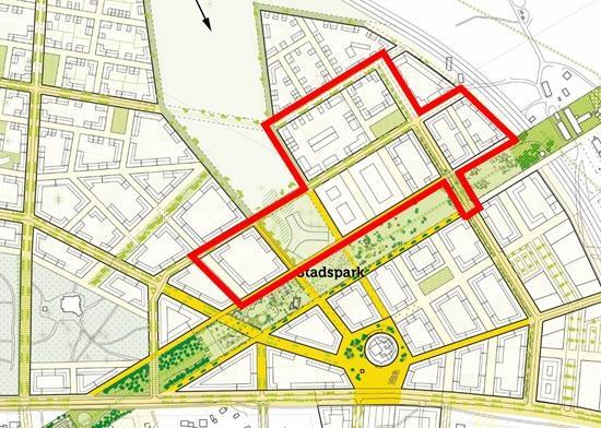 48 46 59 Besöks- 56 57 58 anläggning 87 Översiktskarta över del av utvecklingsplaneområdet. Planområdet inringat med rött. Kvartersnumrering.