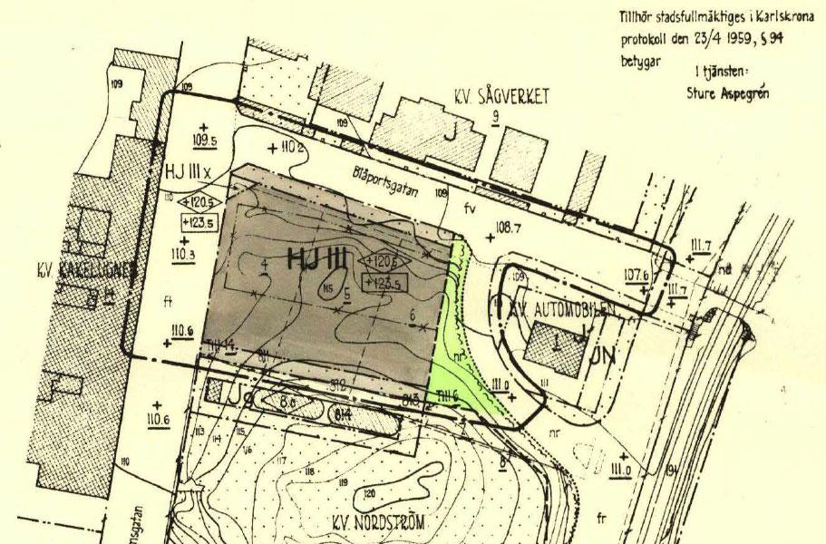 Bild 8. Utsnitt ur gällande detaljplan för fastigheten Nordström 15 och del av Karskrona 5:24.