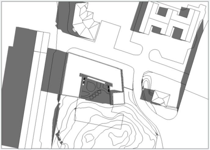 Bild 27-28. Solstudie med full utbyggnad enligt detaljplanen den 21 juni kl 8 och 18. Med en full utbyggnad enligt detaljplanen visar solstudien i stort samma resultat som för aktuell utbyggnad ovan.