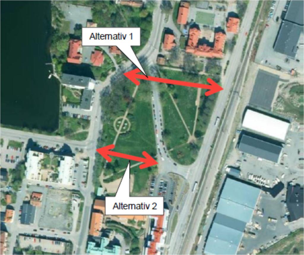 Bild 30. De två studerade alternativen på ny gata mellan Landsvägsgatan och Sunnavägen genom Tullparken.