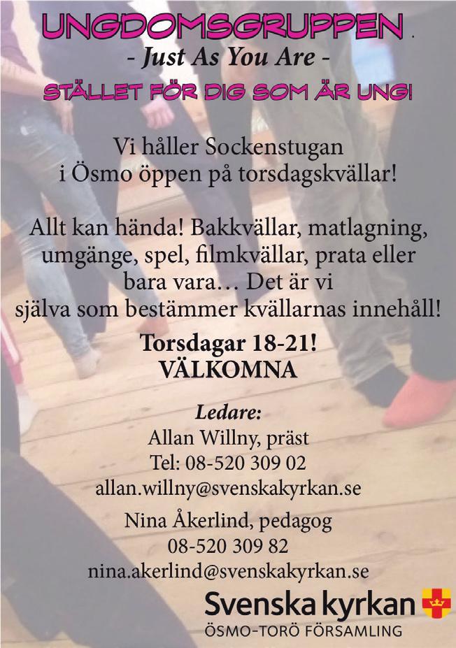 Torsdagslunch Torsdagar kl. 11.30-13.00 Vi samlas kl. 11.30 och får höra något spännande föredrag, sjunga lite tillsammans eller annat! Lunchen börjar kl. 12.