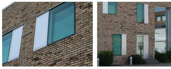 Bild till vänster visar exempel på tegelliknande fasadklinker i en ljus kulör.
