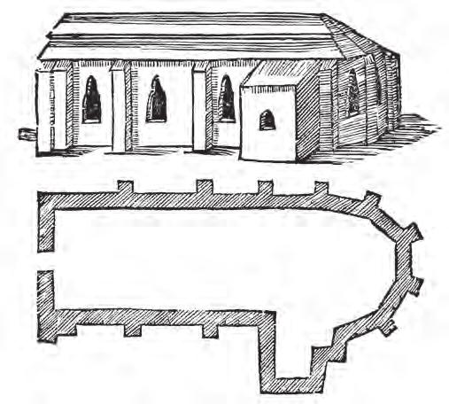 Fig. 3. Peringskiölds avbildning av S:t Eriks kapell, från Monumenta Ullerakerensia, tryckt 1719. Fig. 4. En rekonstruktion av S:t Erikskapellets plan (efter Peringskiölds måttsatta skiss).