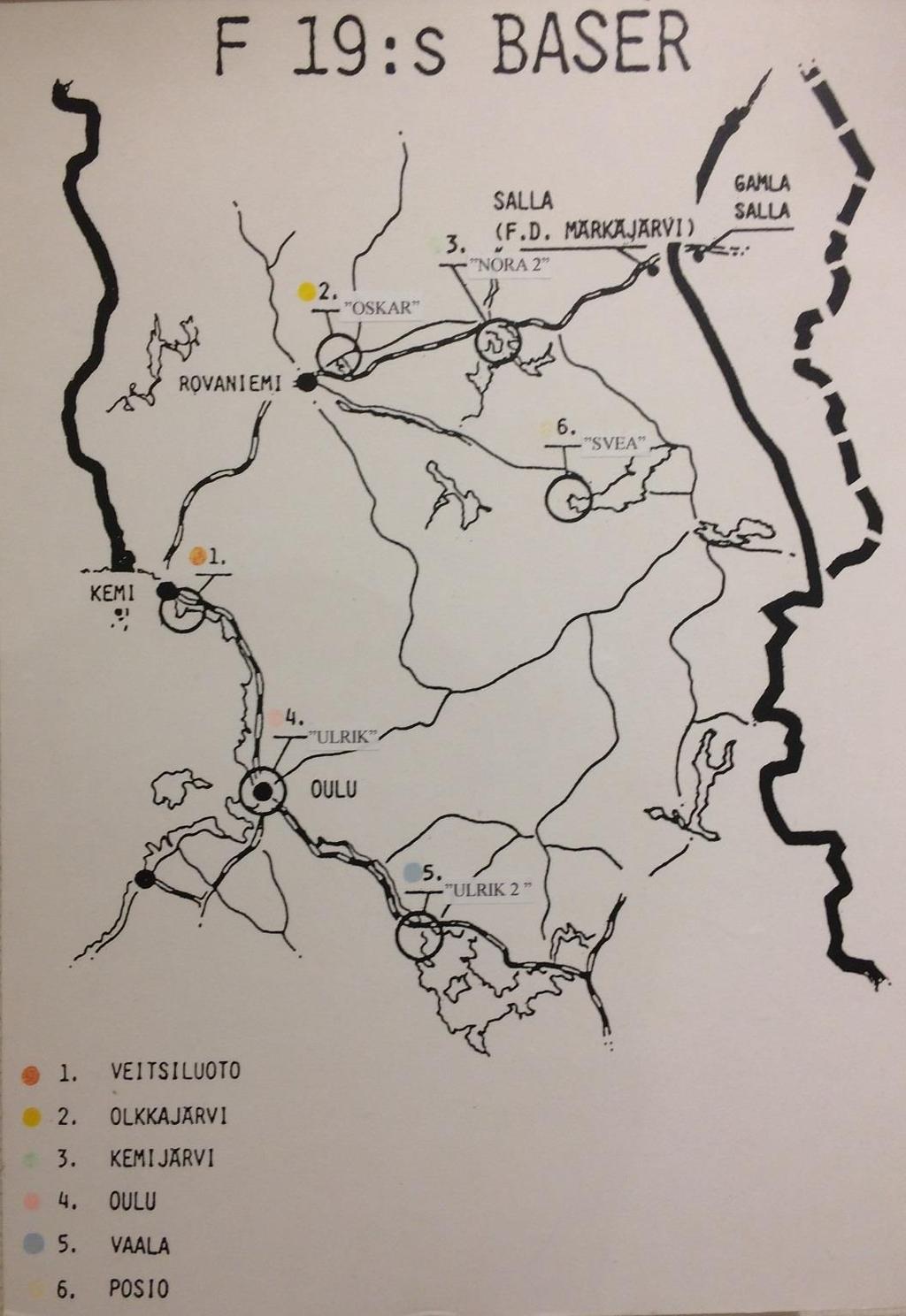Kartskiss över F 19 basområde i Sallaområdet i norra Finland intill svenska gränsen. Då vapenstilleståndet inträdde 13 mars 1940, hade F 19 opererat i 62 dagar.