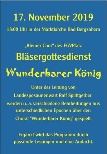 Bad Bergzabern, den 13.11.2019-46 - Südpfalz Kurier - Ausgabe 46/2019 Prot. Kirchengemeinden Klingenmünster und Gleiszellen-Gleishorbach Mittwoch, 13.11.2019 14.