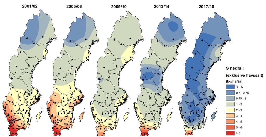 Figur 17. Svavelnedfall (exklusive bidraget från havssalt) med fyra års mellanrum under perioden 2001/02 2017/18 i krondroppet vid mätstationerna (grandominerade) inom Krondroppsnätet i Sverige.