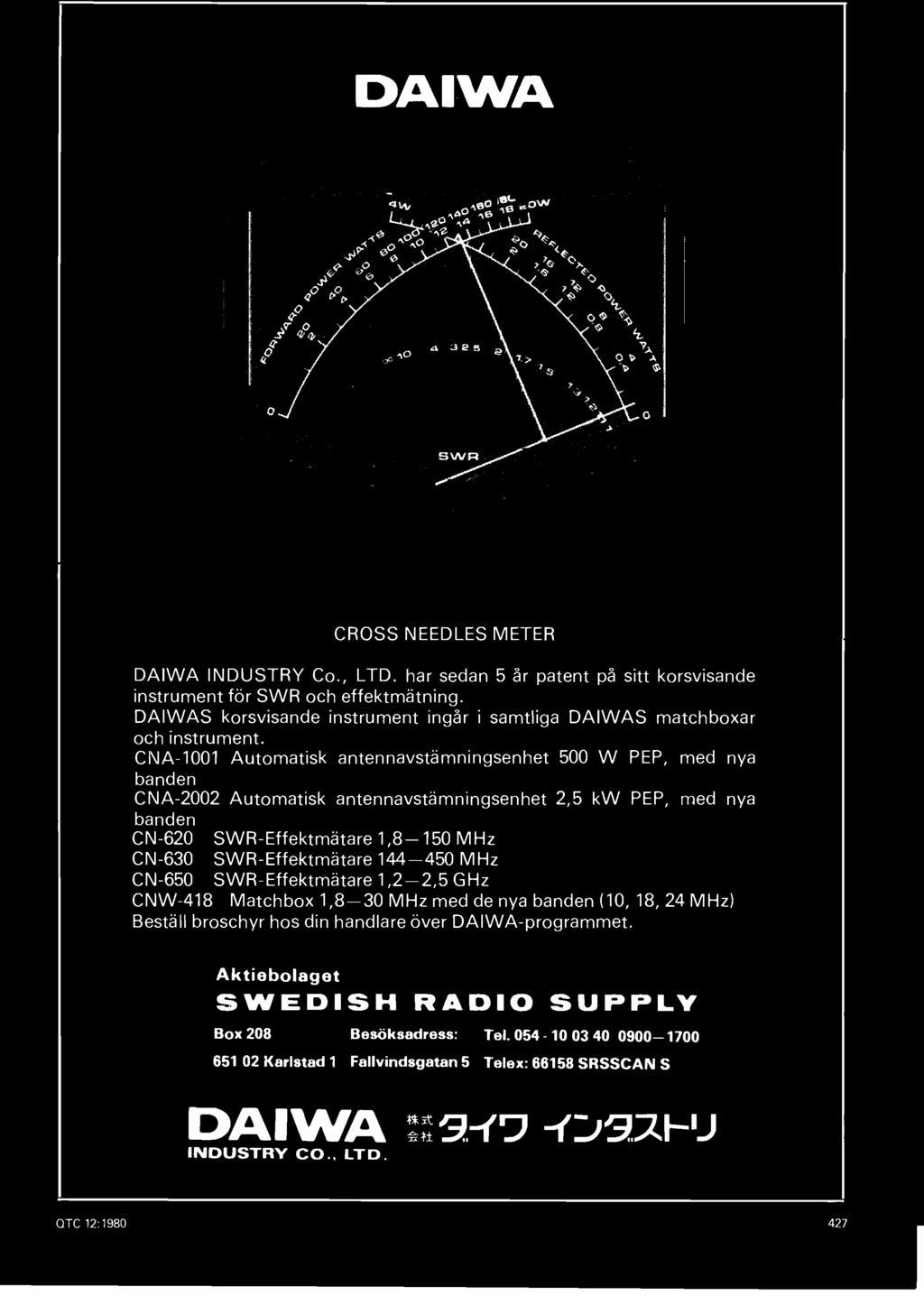 CNA-1001 Automatisk antennavstämningsenhet 500 W PEP, med nya banden CNA-2002 Automatisk antennavstämningsenhet 2,5 kw PEP, med nya banden CN-620 SWR-Effektmätare 1,8-150 MHz CN-630