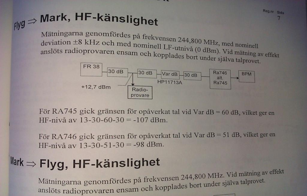 295 Kartläggning av funktionskedjan gjordes i testriggen där bl.a. följande kontrollerades: LF-beroenden (nivåer, kompression mm.) HF-beroenden (frekvens, nivå, avbrott mm.